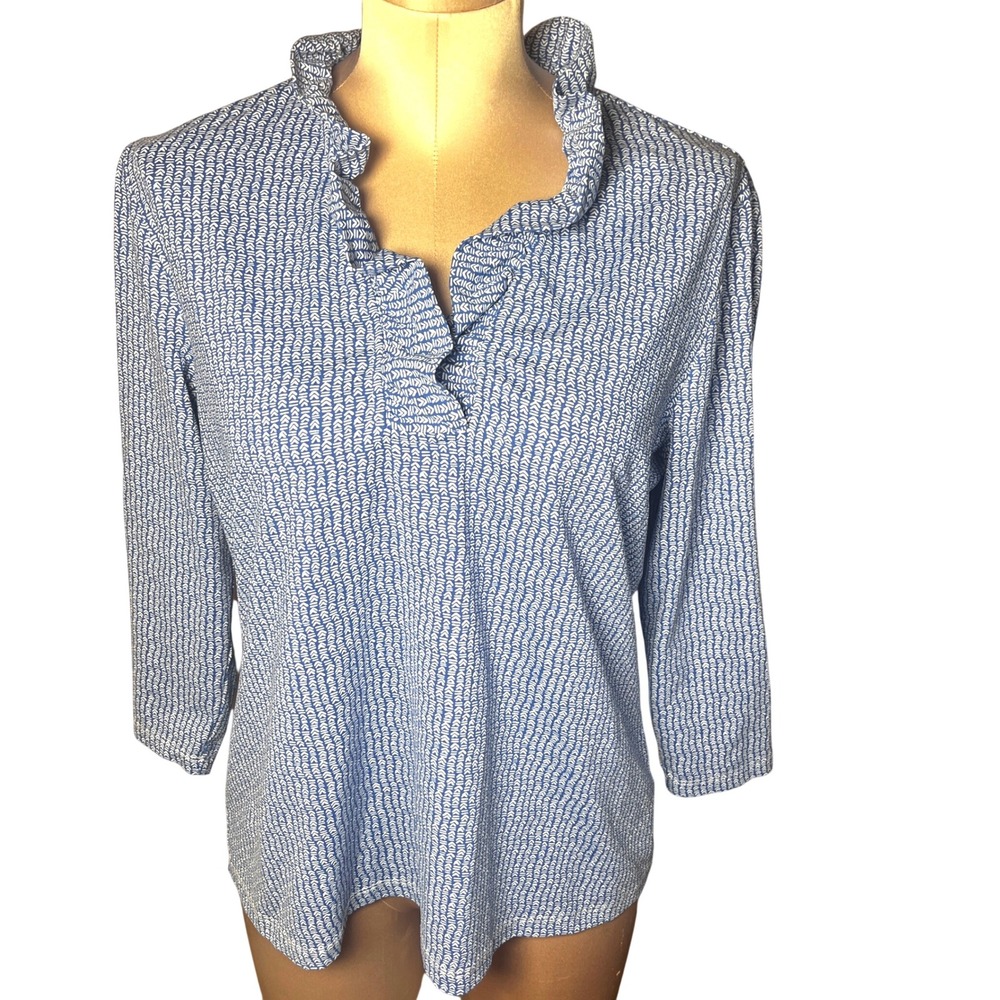 J.McLaughlin XL Blue White Ruffle Neck Catalina Cloth 3/4 Sleeve Top Coastal